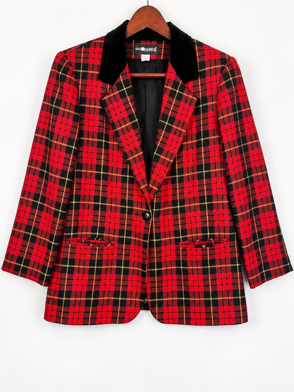 Vintage 90s Sag Harbor Red Tartan Plaid Velvet Collar Blazer 12P